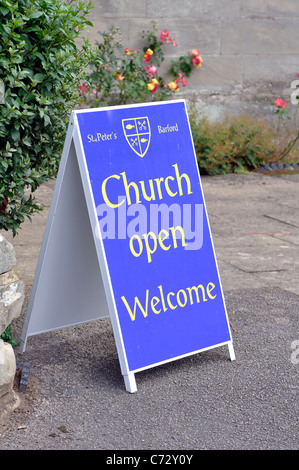 Church open Welcome sign, St. Peter`s, Barford, Warwickshire, England, UK Stock Photo